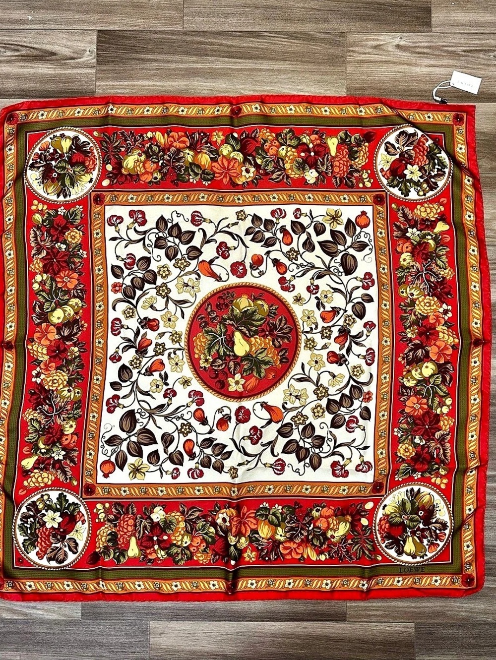 NWT Vintage LOEWE MADRID Fruit & Floral Silk Red & White Square Scarf